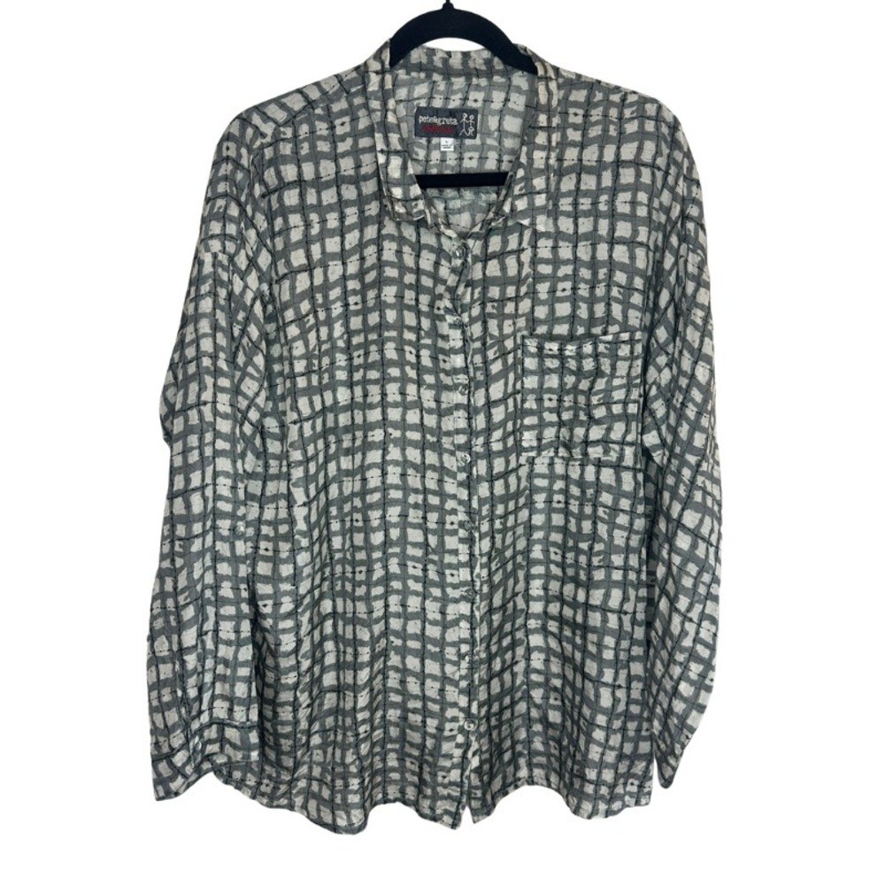 Pete & Greta Johnny Was Grey White 100% Silk Abstract Grid Button Down Shirt L